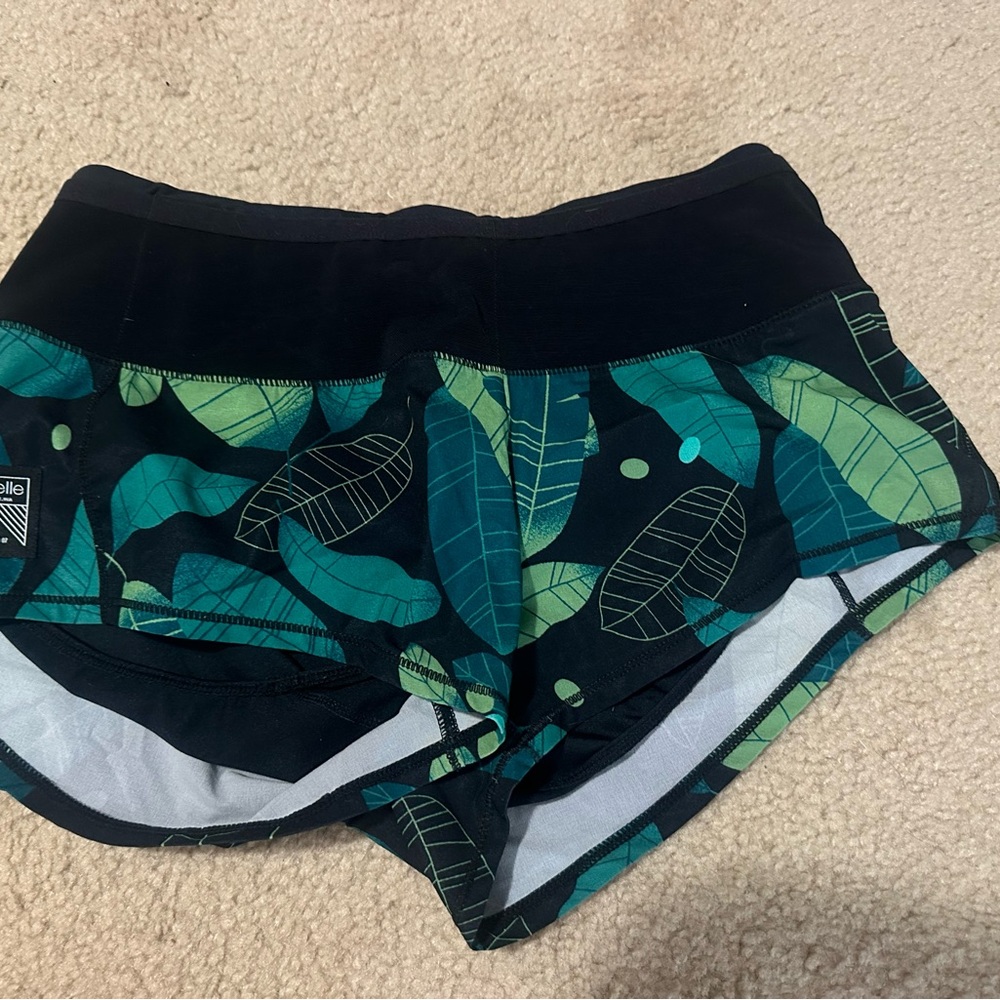 Oiselle Black and Teal Leaf Print Athletic Shorts